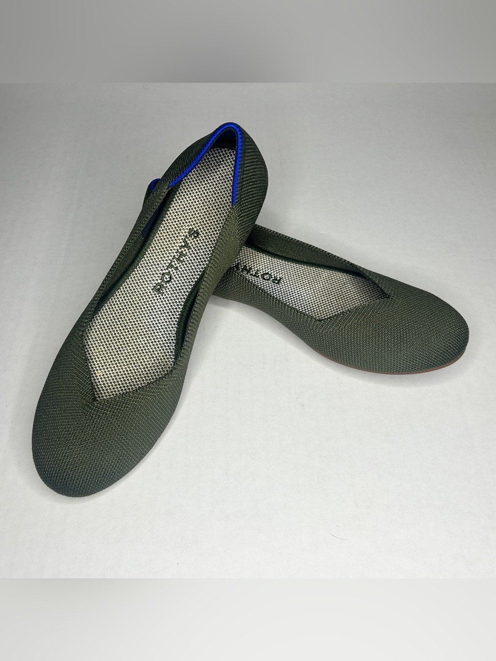 Rothy's Olive/Army Green the Daily Ballet Flat with Blue Trim - Picture 2 of 9